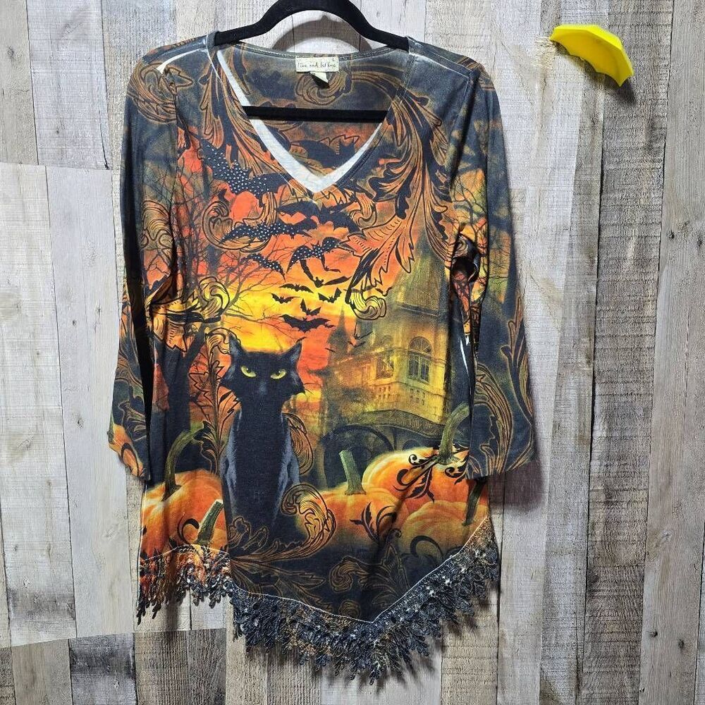 Live and Let Live All Over Print Cat Bat Halloween Tunic Top Small Fall Scary